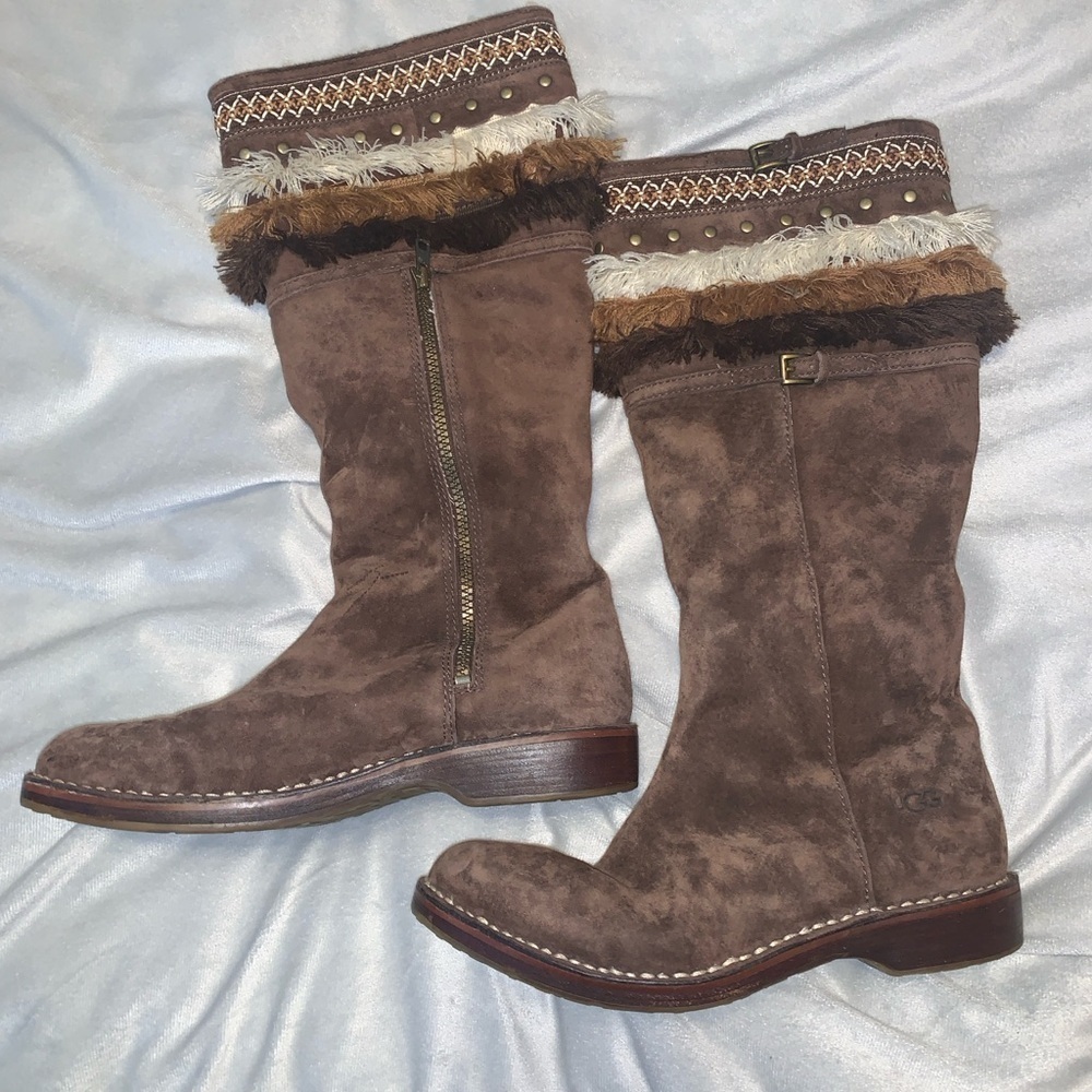 UGG Kiera chocolate Brown Suede tall fest Boots with Fringe embroidered size 9